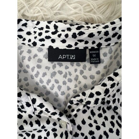 Apt. 9 Women Plus Size 1X White & Black Polkadot Speckle Button Up Blouse Shirt - Picture 9 of 13